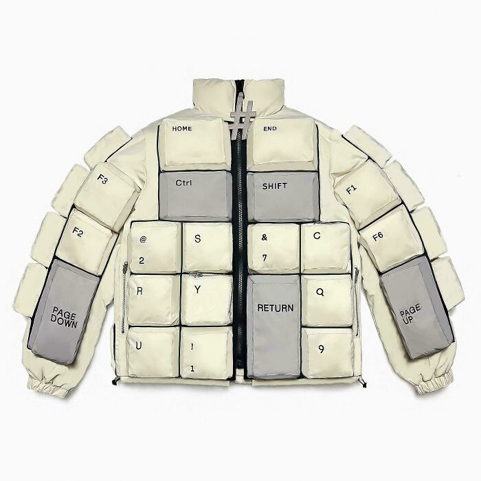Puffer jacket designed like a computer keyboard with keys stitched across the sleeves and torso, example of awful taste.