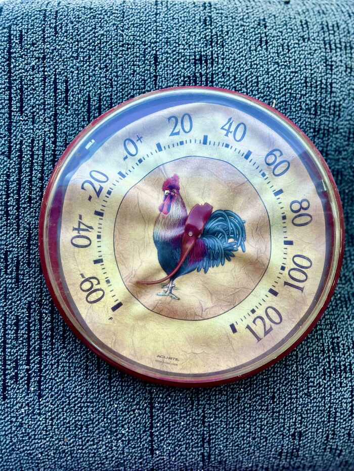 Vintage rooster-themed outdoor thermometer displaying temperature on a textured blue background, moderately interesting find.