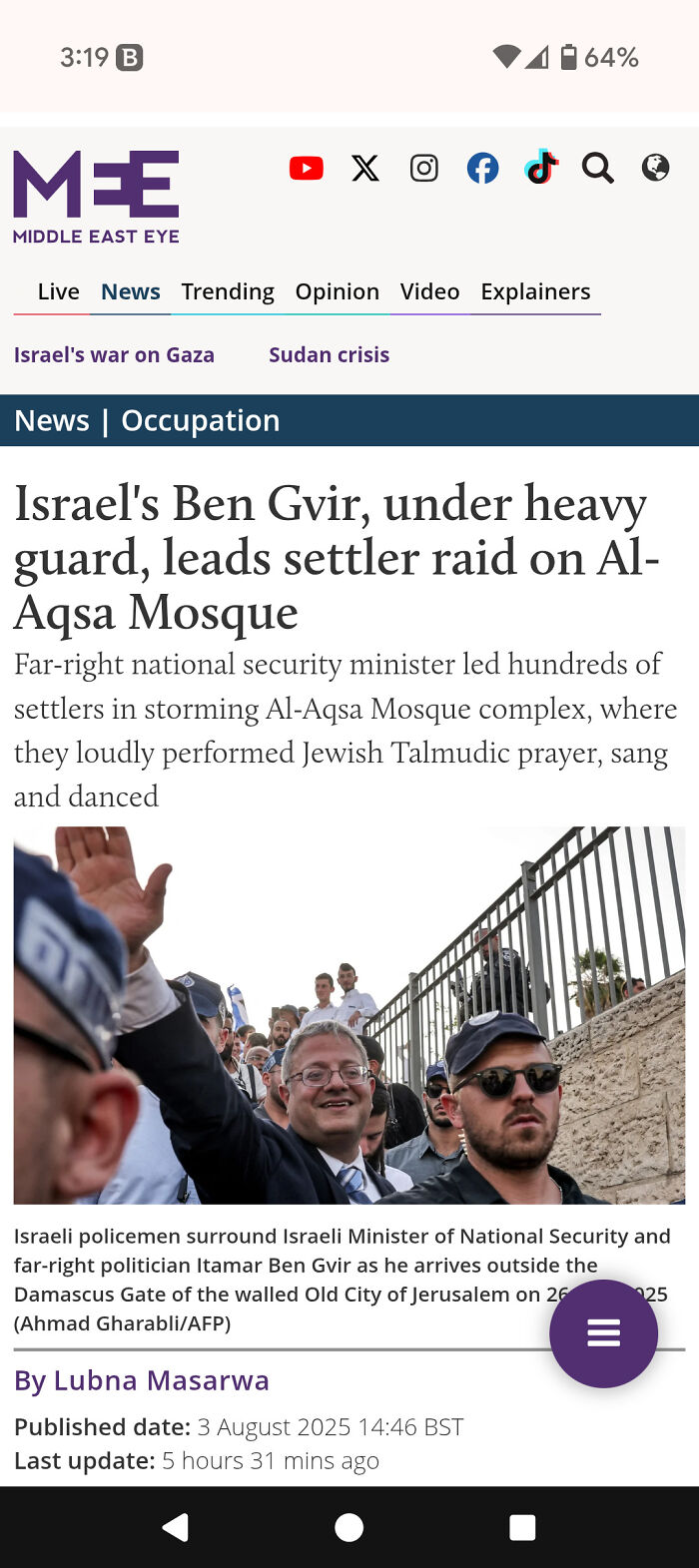 Far-right politician Itamar Ben Gvir surrounded by Israeli policemen during a settler raid outside Al-Aqsa Mosque.