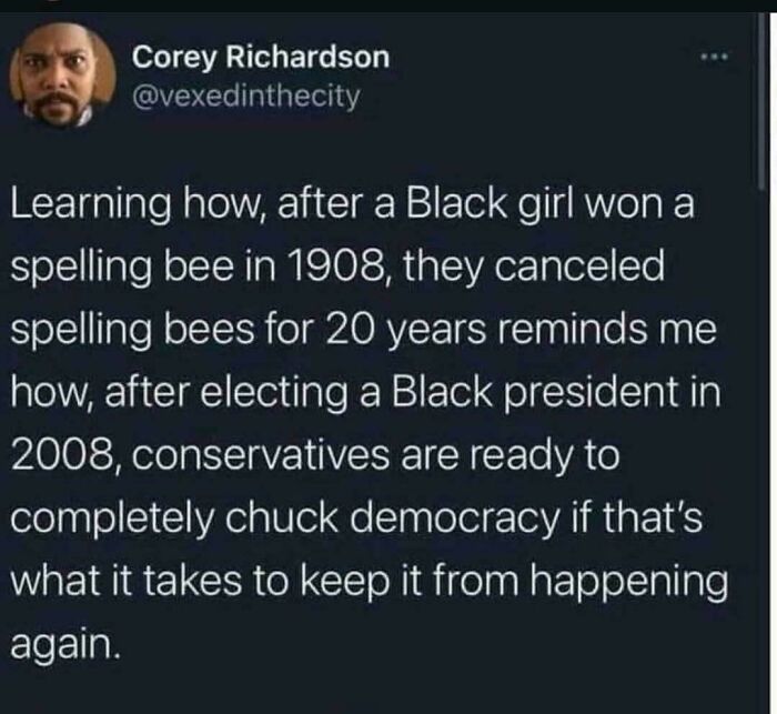 Tweet highlighting facepalm moments showing absence of basic logic in history and politics through racial and democratic examples.