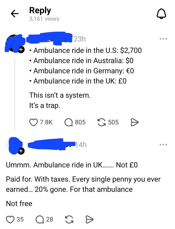 Social media replies comparing ambulance ride costs in the U.S., Australia, Germany, and the UK, discussing healthcare system flaws.