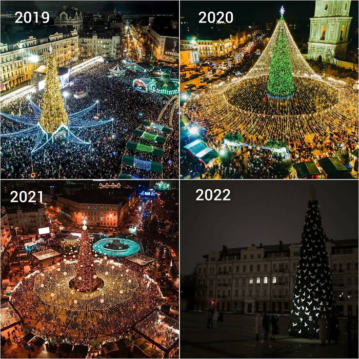 Árboles de Navidad con luces y multitudes en diferentes años, mostrando datos e historias interesantes de todo el mundo.