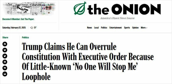 Satirical news headline from The Onion about Trump claiming to overrule Constitution using a little-known loophole.