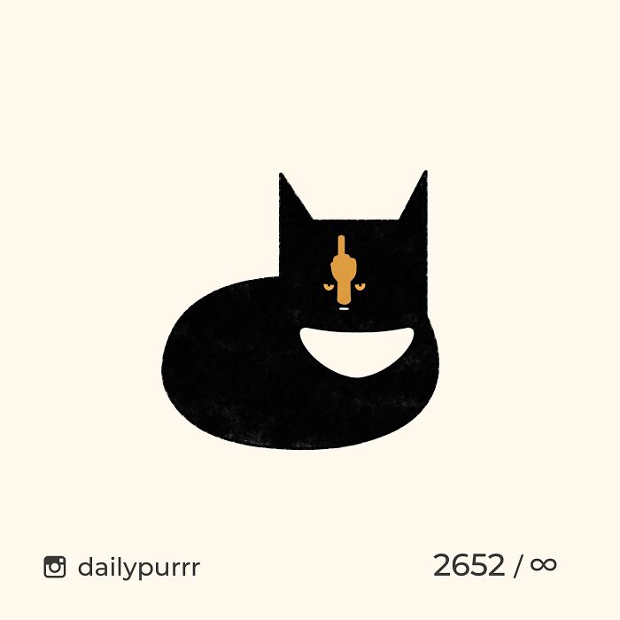 Minimalist doodle of a black cat with orange markings inspired by viral cat pics, capturing its unique and humorous expression.