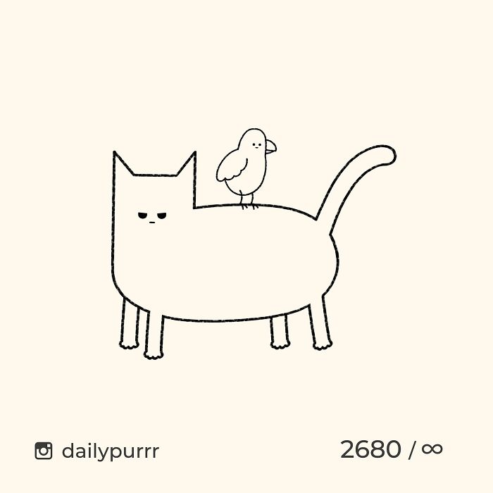 Minimalist doodle of a cat with a bird on its back, showcasing artist’s viral cat pics turned into spot-on drawings.