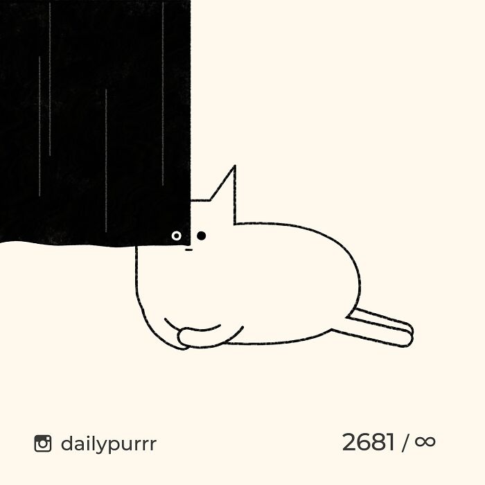 Minimalist doodle of a cat peeking from behind a black curtain, inspired by viral cat pics by the artist.