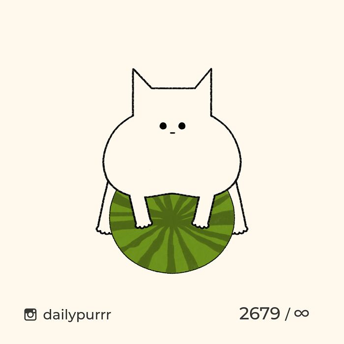 Minimalist doodle of a cat balancing on a green ball, showcasing viral cat pics in a humorous and spot-on style.