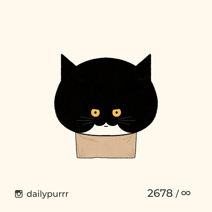 Minimalist doodle of a black cat with yellow eyes sitting in a small box, inspired by viral cat pics artwork.