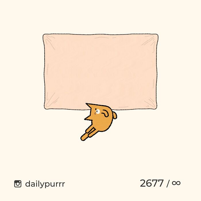 Minimalist doodle of an orange cat lying on a bed, part of viral cat pics turned into humorous cat doodles by an artist.