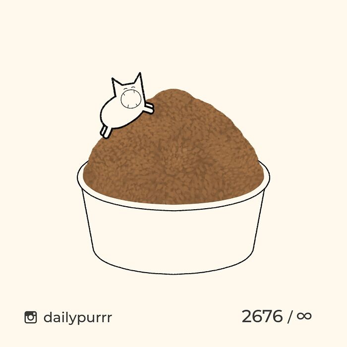 Minimalist doodle of a cat climbing a large bowl of food, inspired by viral cat pics turned into humorous art.