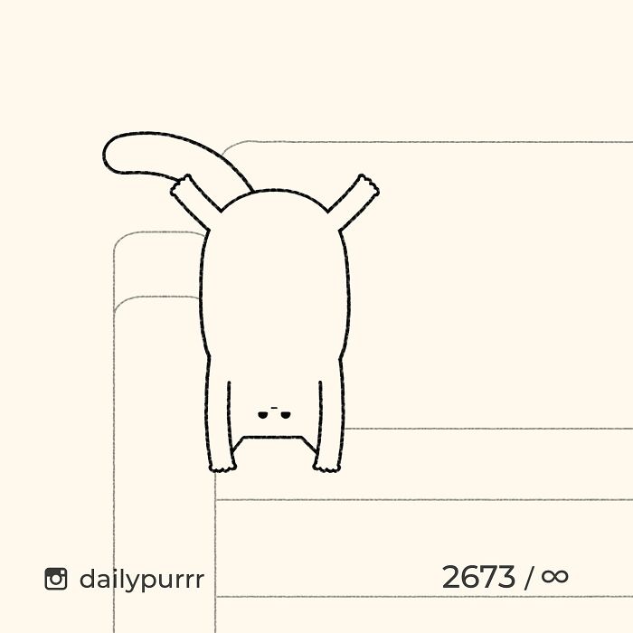 Minimalist doodle of a viral cat hanging upside down on a couch, showcasing artist's spot-on cat illustrations.