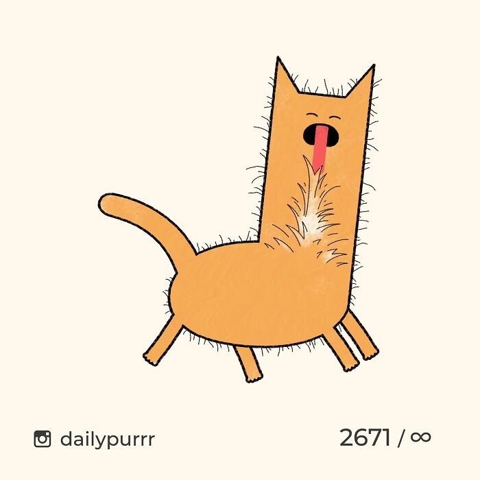 Hilariously spot-on doodle of a quirky orange cat with tongue out licking its chest fur from viral cat pics.