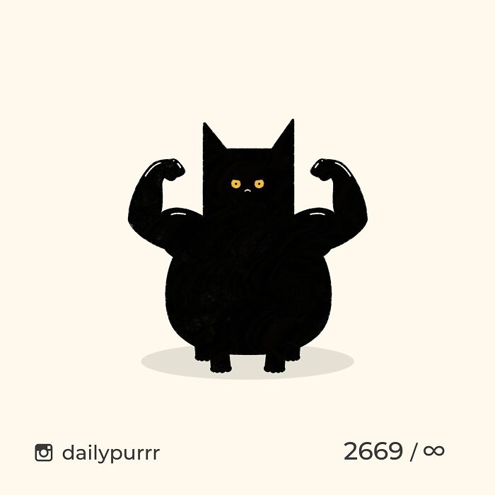 Black cat doodle with muscular arms flexing, created by artist inspired by viral cat pics.