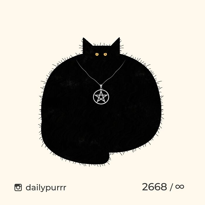 Black cat doodle with yellow eyes wearing a pentagram necklace, an example of viral cat pics turned into art by an artist.