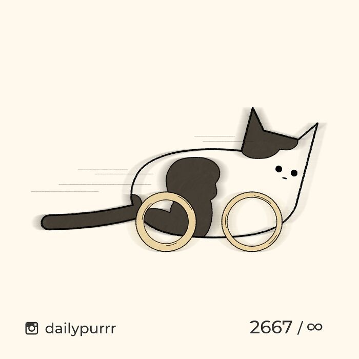 Minimalist doodle of a viral cat pic featuring a black and white cat with wheels instead of legs in motion.