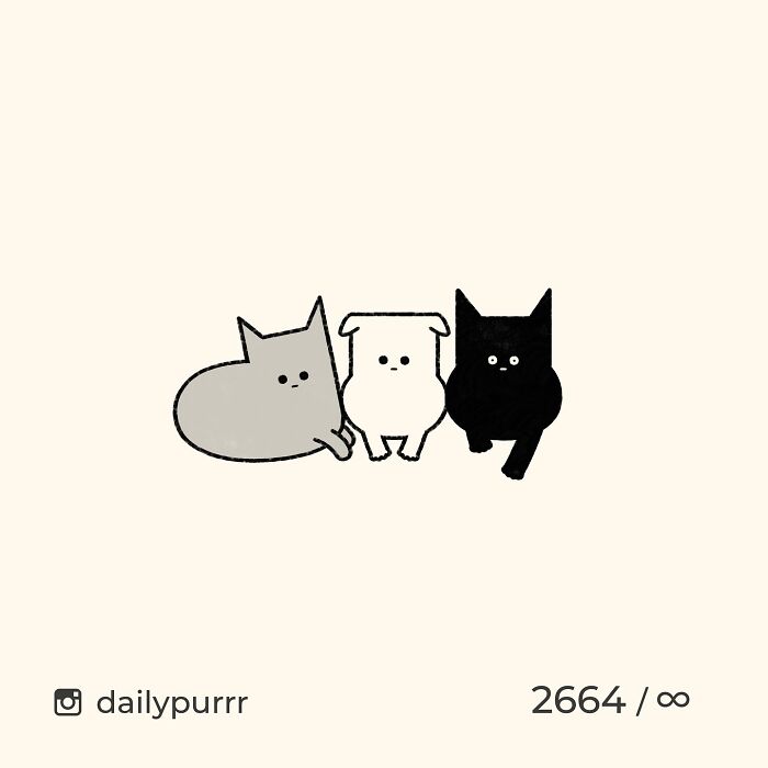 Minimalist doodles of three cats in different colors, showcasing artist's viral cat pics turned into spot-on drawings.