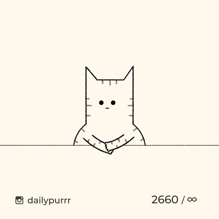 Minimalist doodle of a viral cat with simple lines and stripes by an artist known for cat illustrations.