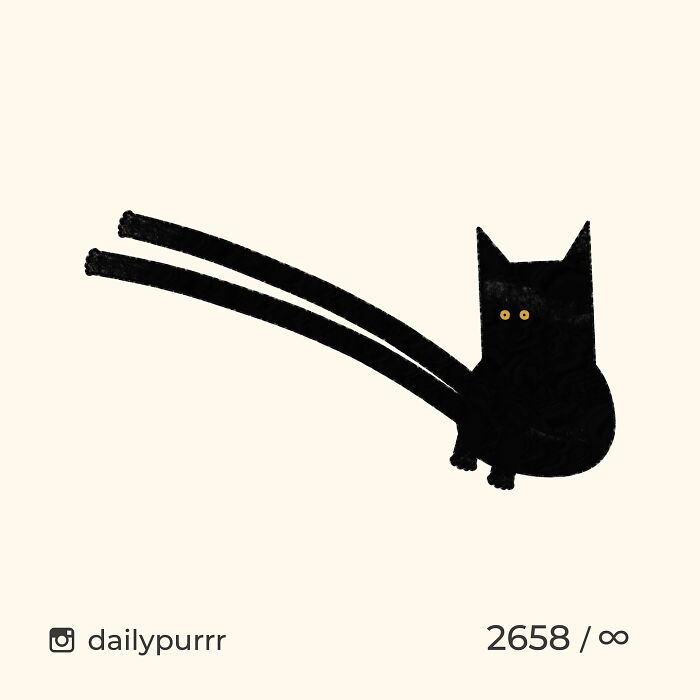 Black cat doodle with exaggerated long legs and yellow eyes, inspired by viral cat pics in humorous artwork.