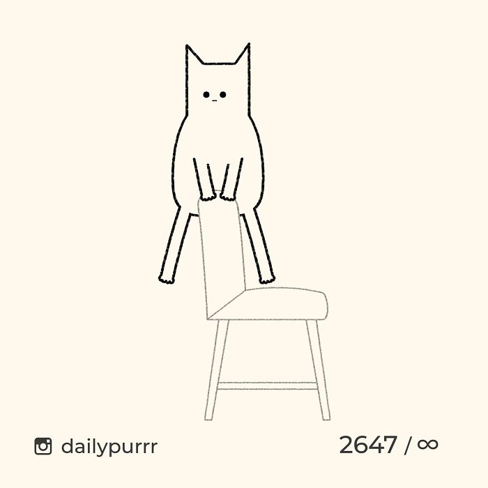 Minimalist doodle of a cat balancing on the backrest of a chair, illustrating viral cat pics in a humorous style.