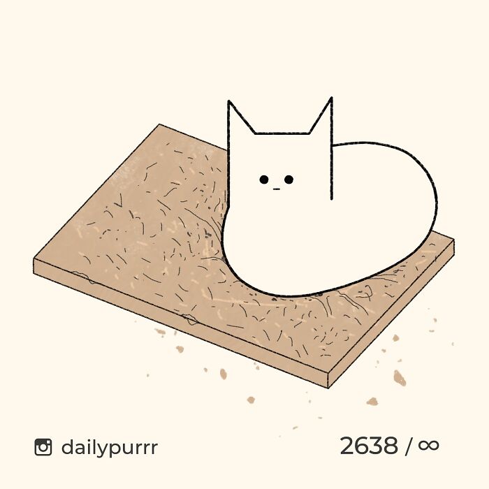 Minimalist doodle of a cat sitting on a scratching board, inspired by viral cat pics by artist dailypurrr.