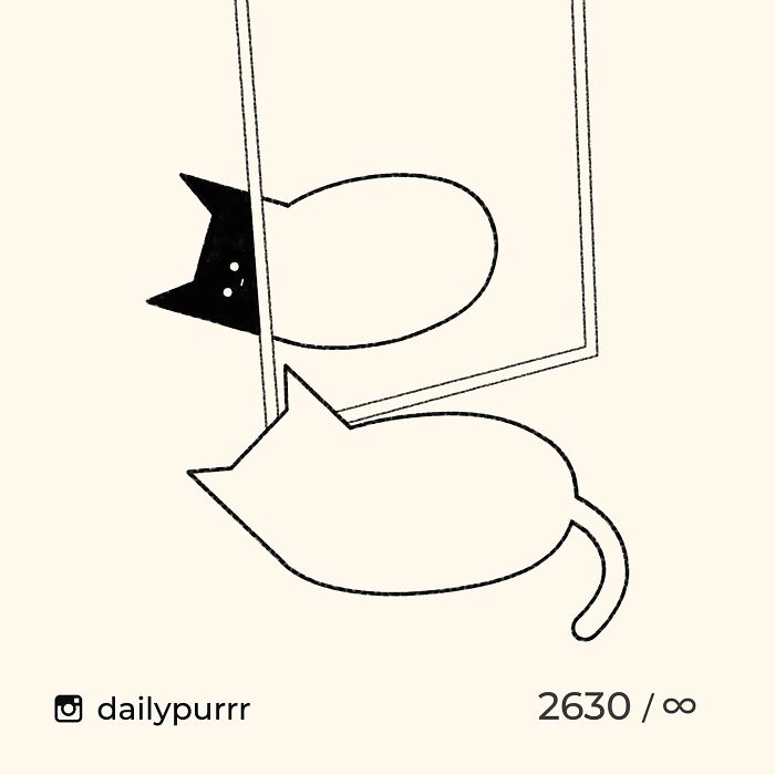 Minimalist doodle of a cat looking at its reflection, showcasing viral cat pics turned into hilariously spot-on art.
