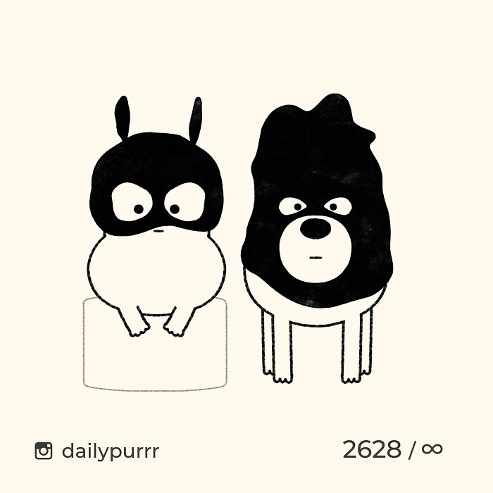 Black and white doodles of two animals inspired by viral cat pics, showcasing the artist's humorous and spot-on style.