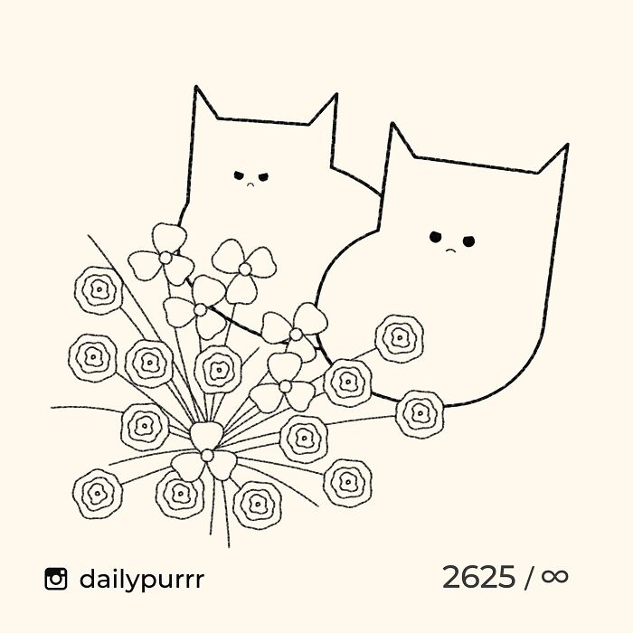 Minimalist doodle of two cats with flowers, showcasing an artist’s viral cat pics turned into spot-on sketches.