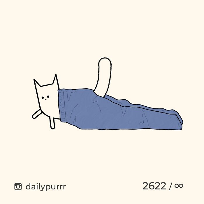 Minimalist doodle of a cat wrapped in a blue sock, showcasing viral cat pics turned into spot-on humorous art.