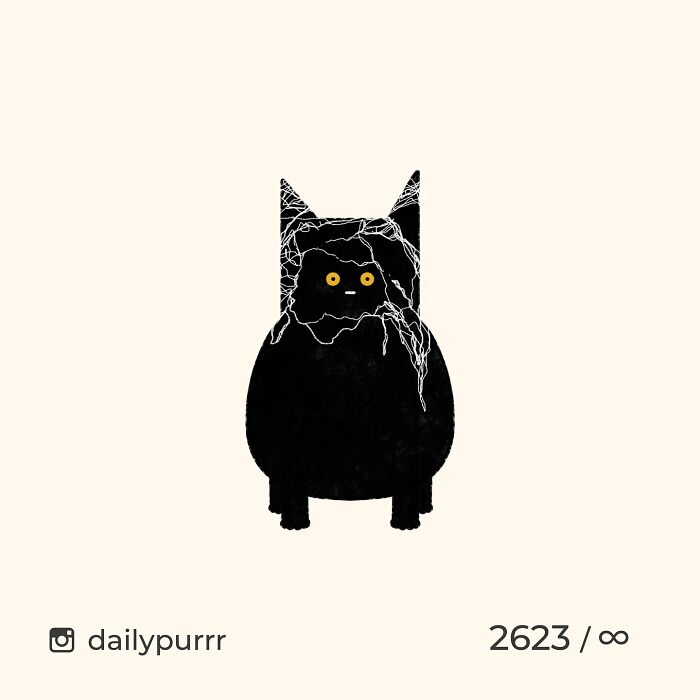 Black cat doodle with white lines and bright yellow eyes, part of viral cat pics turned into spot-on illustrations.