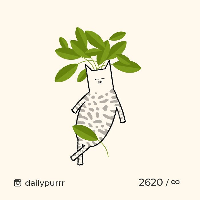 Minimalist doodle of a spotted cat with green leaves on a cream background, inspired by viral cat pics.