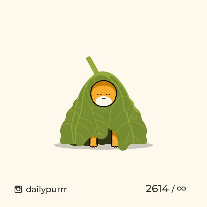 Cute viral cat doodle wrapped in a green leaf, showcasing the artist’s spot-on interpretation of viral cat pics.