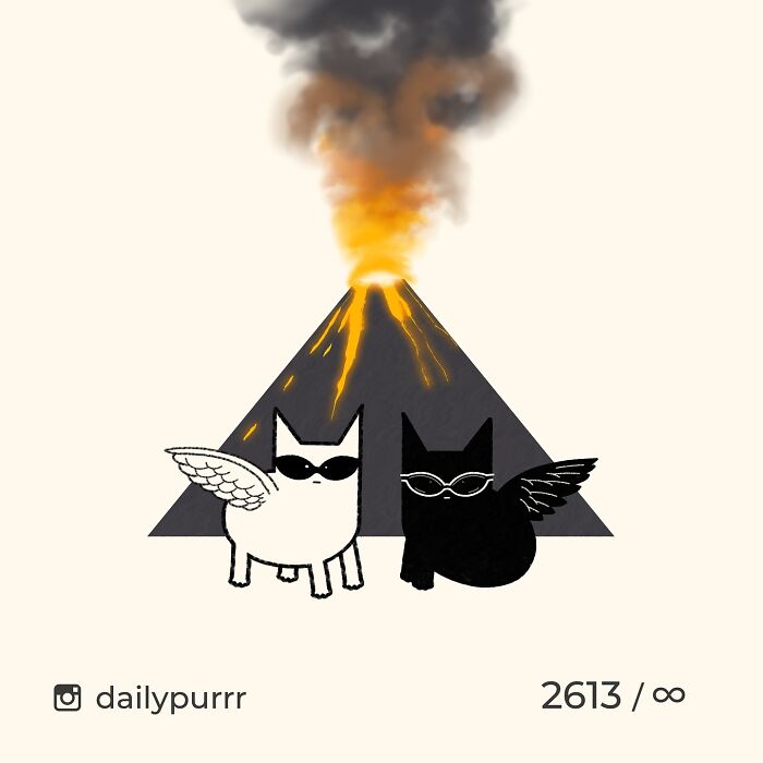 Illustration of two winged cats wearing sunglasses in front of an erupting volcano, viral cat pics turned into doodles.