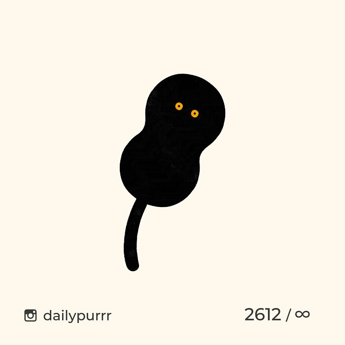 Minimalist doodle of a black cat with bright yellow eyes, part of viral cat pics turned into spot-on art by artist.