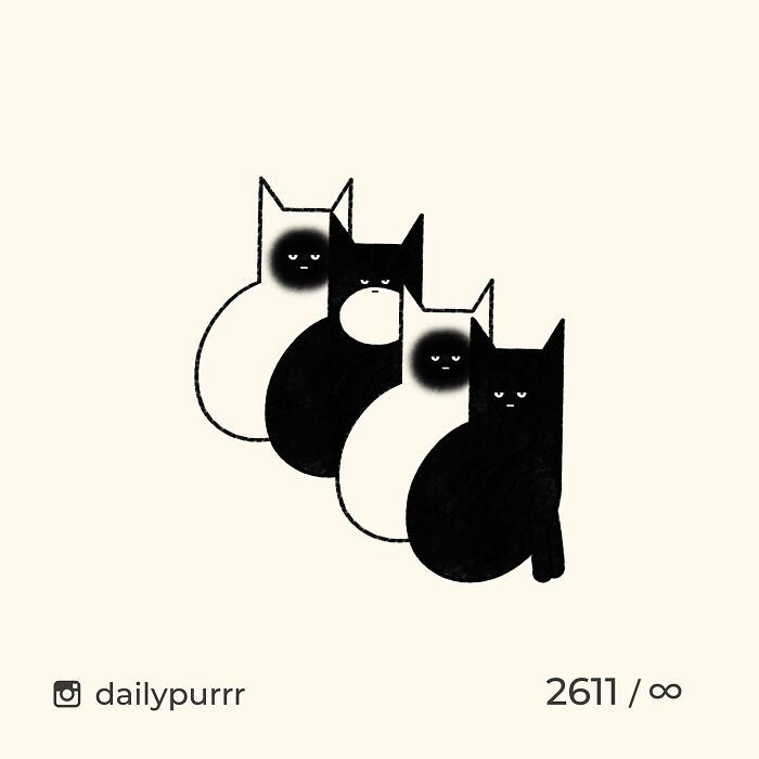 Minimalist doodles of four black and white cats with simple faces, showcasing viral cat pics art style.