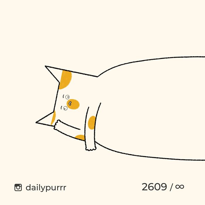 Minimalist doodle of a cat with orange spots lying down, part of viral cat pics turned into spot-on doodles by artist.