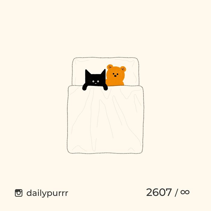 Minimalist doodle of a black cat and orange bear lying in bed, inspired by viral cat pics artwork.