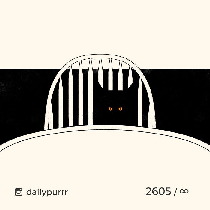 Minimalist doodle of a black cat with glowing eyes behind a chair, from viral cat pics turned into art by an artist.