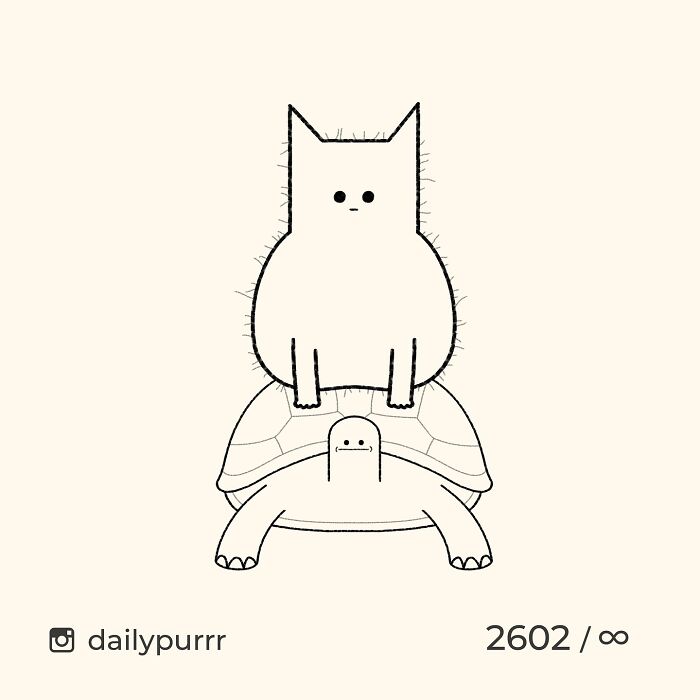 Minimalist doodle of a cat sitting on a turtle, showcasing artist's viral cat pics turned into spot-on illustrations.