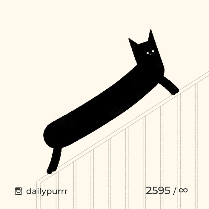 Minimalist doodle of a long black cat stretching on a railing, inspired by viral cat pics by an artist.