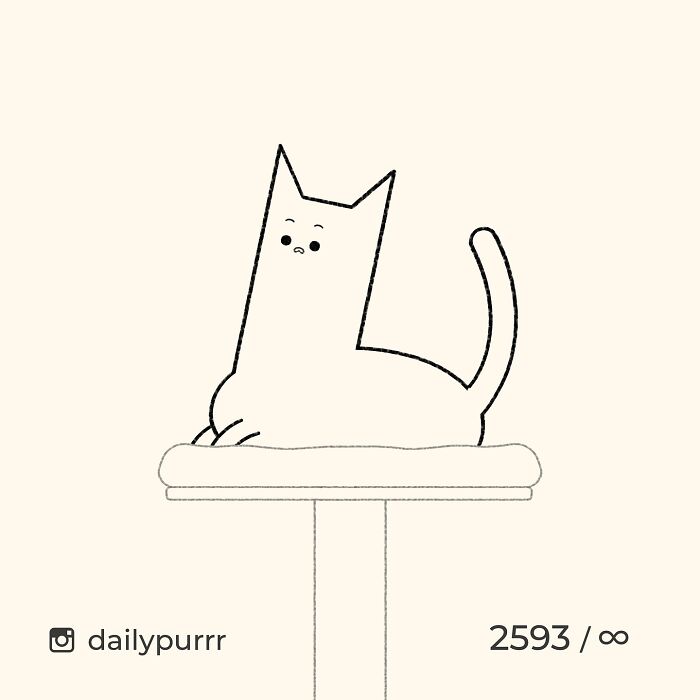 Minimalist cat doodle sitting on a perch, representing viral cat pics turned into hilariously spot-on art by an artist.