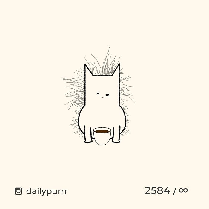 Minimalist doodle of a cat holding a cup with messy fur lines, capturing viral cat pics in a humorous style.