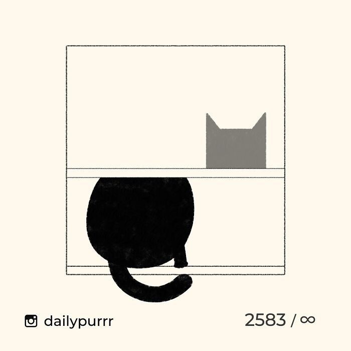 Minimalist doodle of a black cat sitting on a ledge with a gray cat silhouette, viral cat pics inspired artwork.