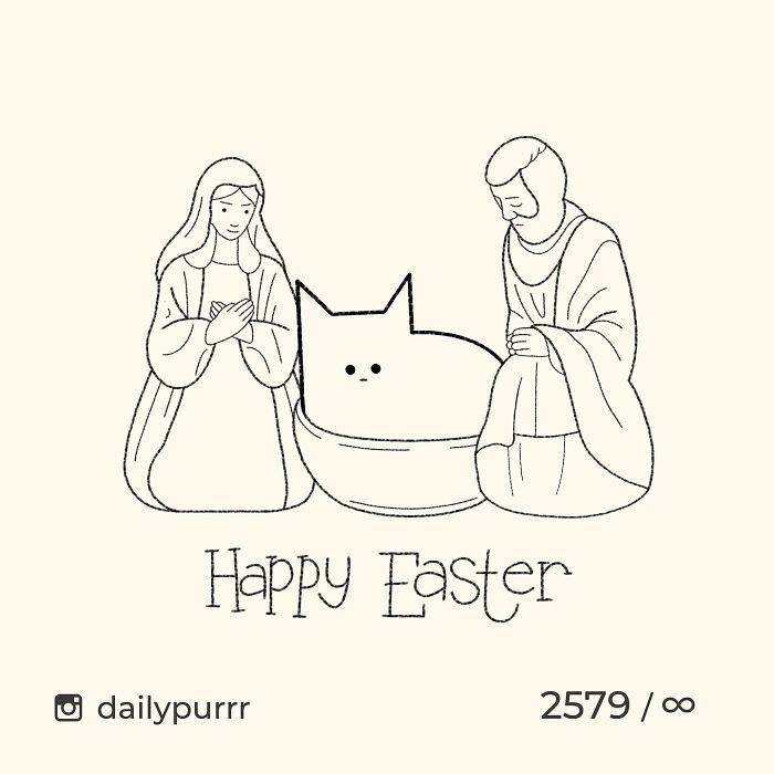 Minimalist doodle of two people with a cat in a bowl, showcasing viral cat pics turned into humorous art.