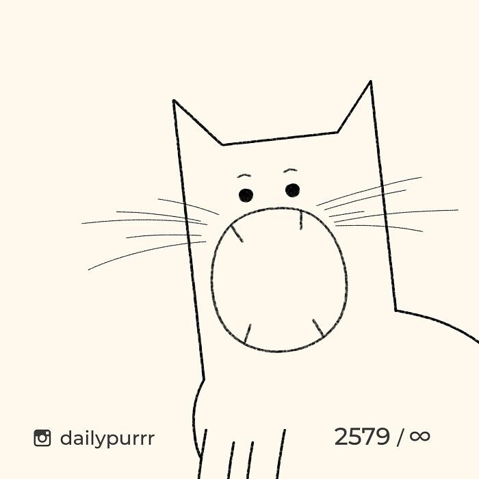 Minimalist doodle of a cat with exaggerated mouth and whiskers inspired by viral cat pics by an artist
