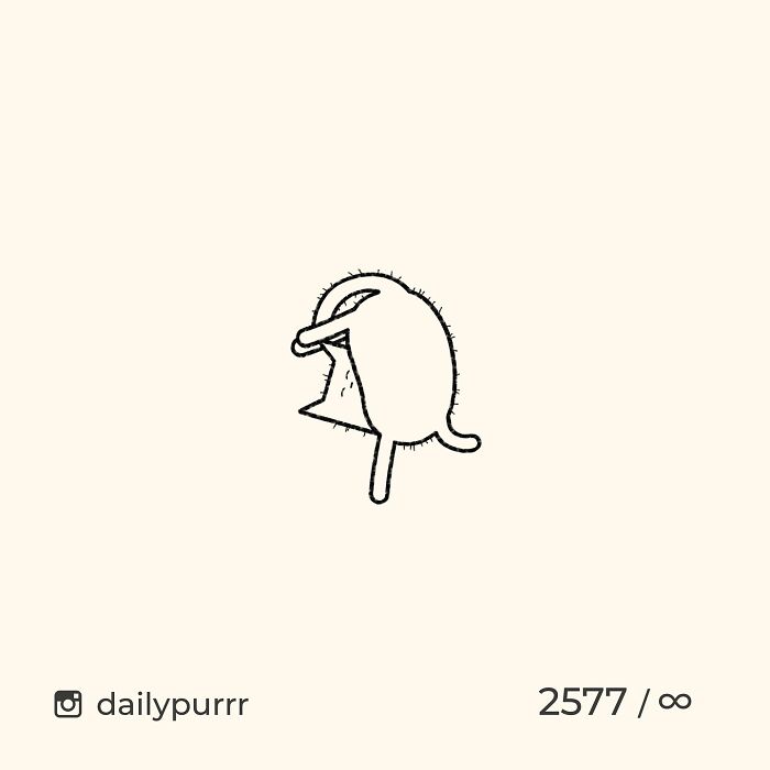 Minimalist doodle of a viral cat in a humorous pose, created by an artist known for spot-on cat doodles.