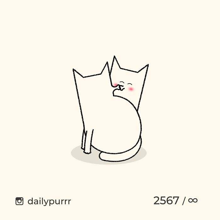 Minimalist doodle of two viral cats cuddling with soft blush highlights, showcasing artist’s viral cat pic illustrations.