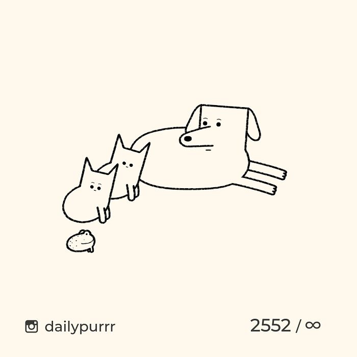 Minimalist doodle of two cats and a dog looking at a small object, showcasing artist’s viral cat pics turned into humorous art.