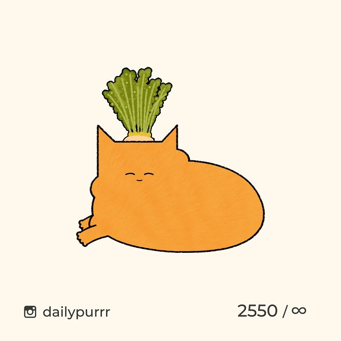 Orange cat doodle with a green leafy vegetable on its head, part of viral cat pics turned into spot-on illustrations.
