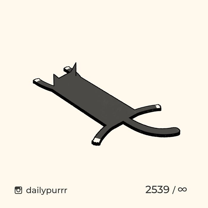 Minimalist doodle of a viral cat lying flat with stretched legs, showcasing humorous and spot-on cat art by artist.