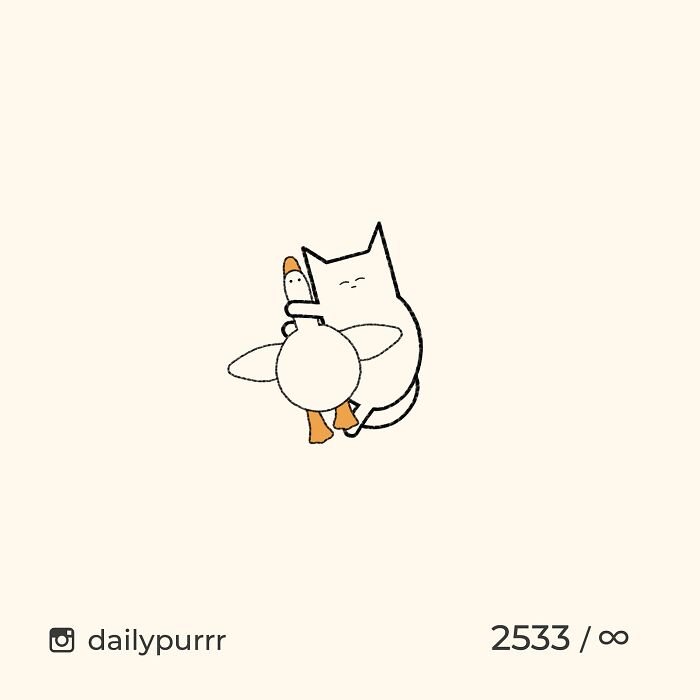 Minimalist doodle of a cat hugging a duck, part of viral cat pics turned into humorous artwork by artist.